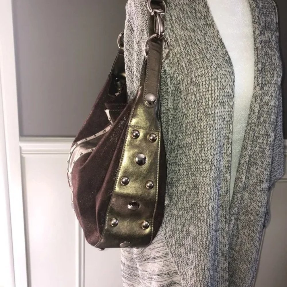 Kathy van Zeeland Shoulder Hand Bag Purse Gold faux suede brown Glam slouch hobo - Picture 6 of 13